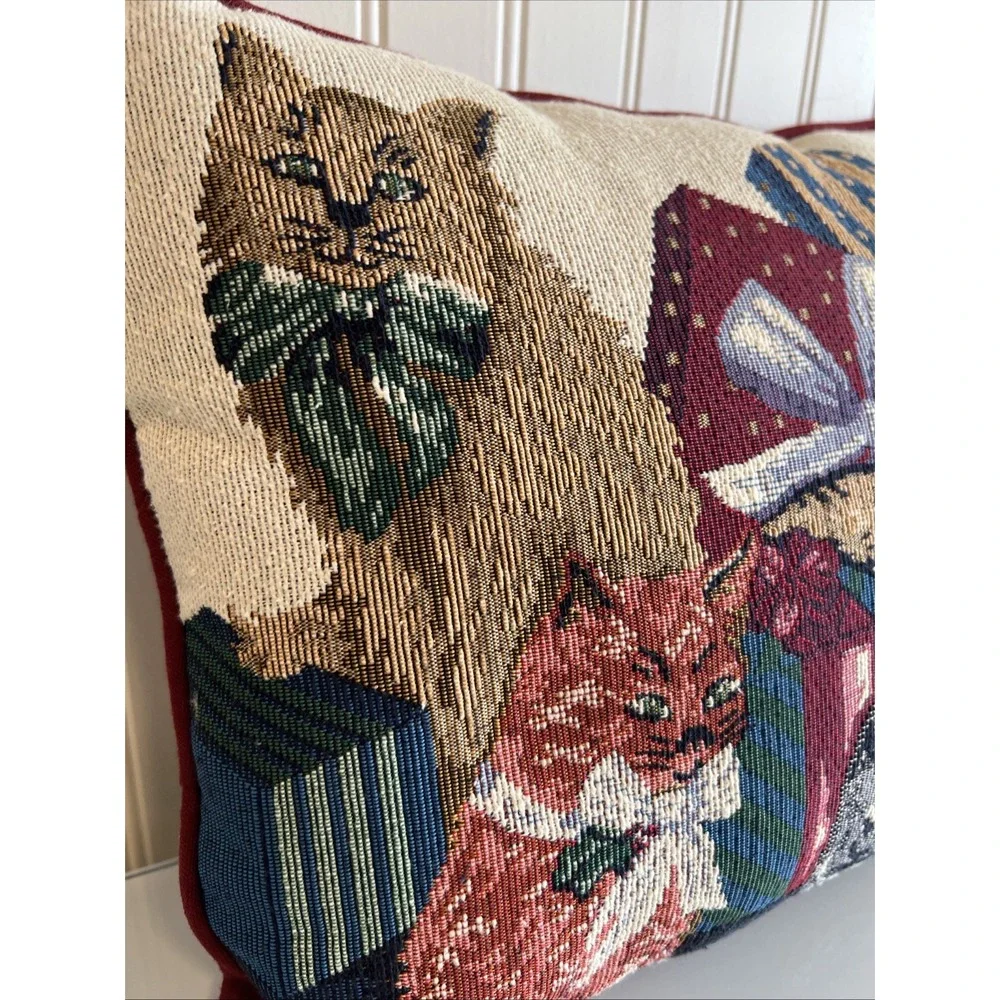 Christmas Cat Kitten Gifts Holly Santa Hat Tapestry Pillow Rectangular Used